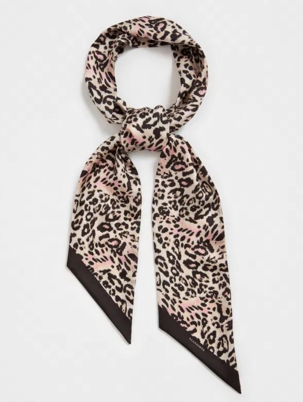 ALLSAINTS Kara Silk Skinny Scarf Pink Leopard Animal Print New